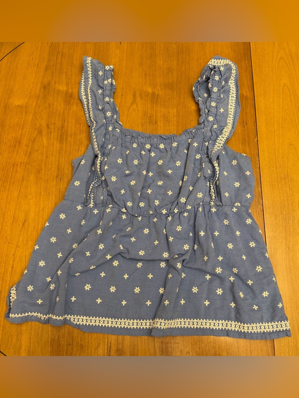 Old Navy Blue Boho Floral Embroidered Ruffle Strap Tank | Cottagecore Coastal L
